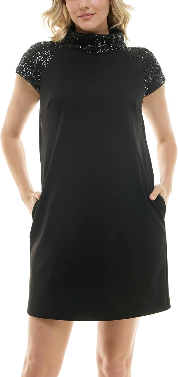 Nicole Miller New York Women's Cap Sleeved Mock Neck Sequin Trim Little Black Dress