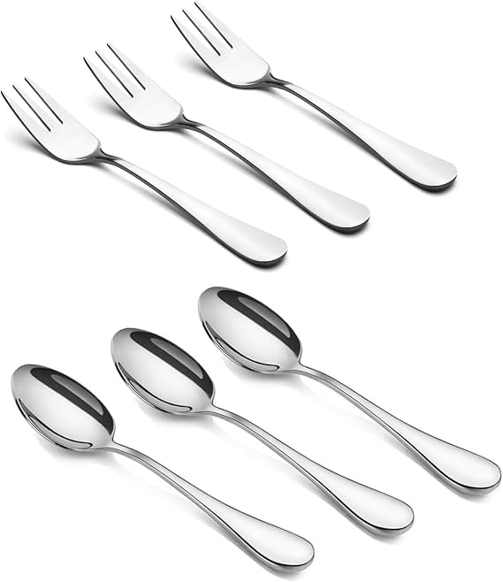 HornTide 3x Dessert Fork and 3x Tea Spoon Set, Stainless Steel Mirror Polishing, 5.5-Inch 14cm, Ideal for Fruits Cakes Salads