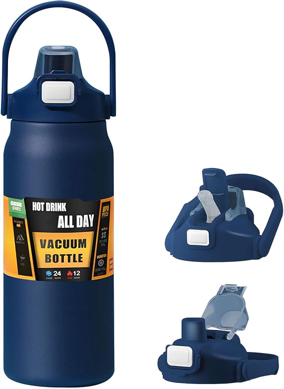 32oz /1000ml Insulated Water Bottle With Straw and Leakproof Lid, BPA Free Stainless Steel Wide Mouth Sports Water Bottle Cup With Portable Handle Double Wall Vacuum Keep Cold and Hot (navy)