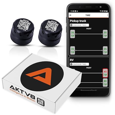 AKTV8 PressureTechTM ワイヤレスタイヤ空気圧モニタリングシステム - 車、RV、オートバイ、トレーラー用のTPMSセンサー - iOSまたはAndroidアプリでリアルタイムディスプレイ 0-150 PSI 2パック