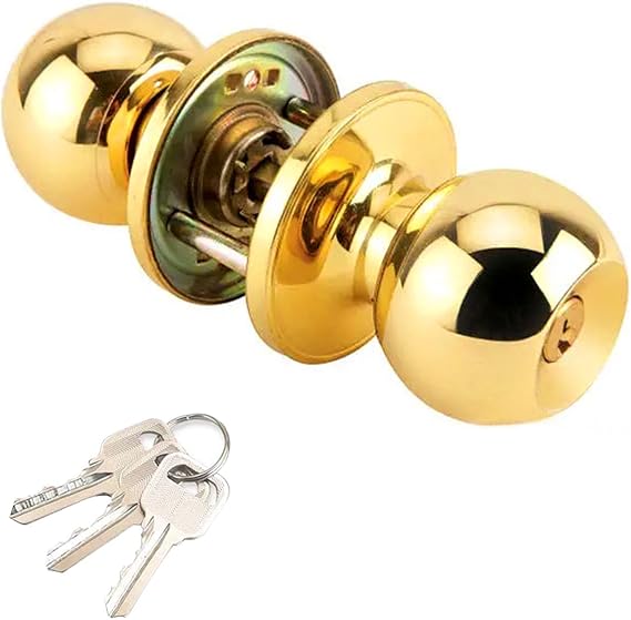 1 Pack Gold Door Knobs with Lock and Keys, Round Ball Door Handle | Stainless Steel Interior and Exterior Door Lock, Standard Ball Door Locks for Bedrooms/Bathroom