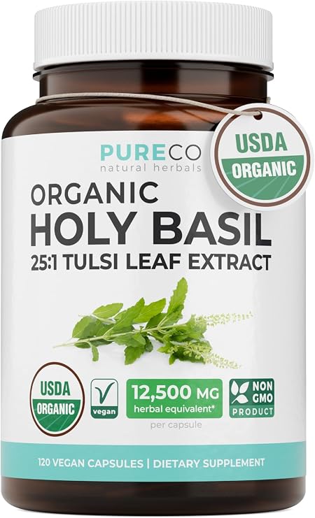 USDA Organic Holy Basil Supplement - High Potency Organic Tulsi Holy Basil 500mg 25:1 Extract 1 Capsule Per Serving for Cortisol Balance Sleeplessness and Adaptogenic Mood Support (4 Month Supply)