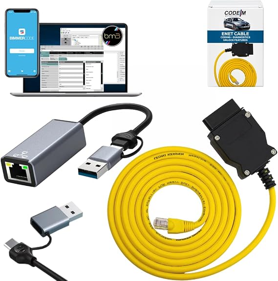ENET Cable BMW + USB-C + USB A Adapter | OEM OBD2 for BMW F G i Series Coding | E SYS ISTA+ ICOM Bootmod3 Bimmercode Compatible | Heavy Duty Cable | For CarPlay Activation, OBD2 to Ethernet 3 in 1
