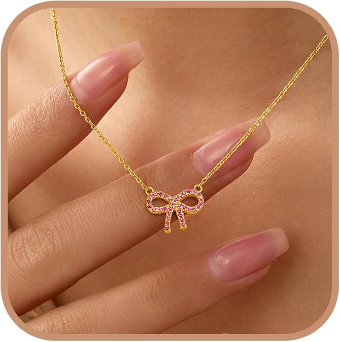 Cute Pink Cubic Zirconia Bow Necklace