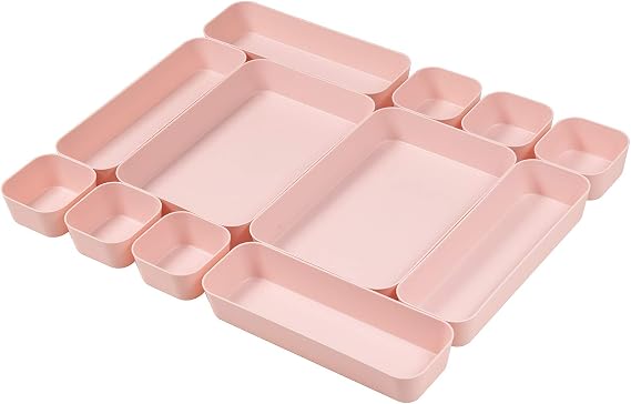 Set Of 12 Pink Color Plastic Desk Drawer Organizers For Makeup Bathroom Office Kitchen Vanity Drawer Storage Box Container