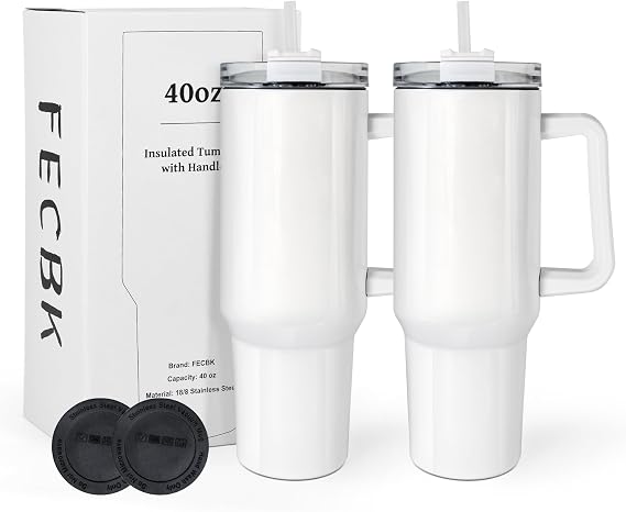 40 oz Sublimation Tumbler with Handle and Straw Keeps Cold for 34 Hours 2 Pack Stainless Steel Double Wall Vacuum Insulated Travel Mug Cup Tumblers Bulk Sublimation Blank White