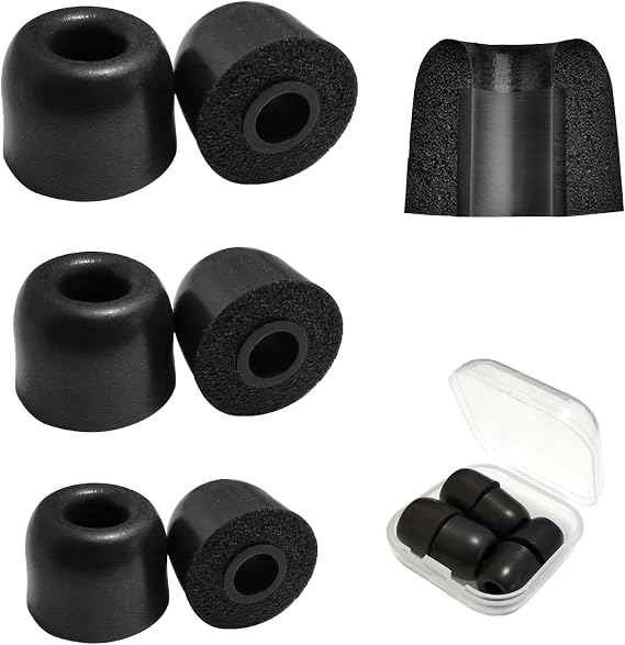 Universal Memory Foam Ear Tips for 4.5mm-6mm, Noise Isolating,Comfort Fit | 3 Pairs (L/M/S) Sport Anti Slip Replacement Earbuds Tips with Storage Box, Black