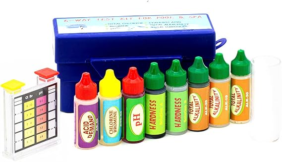 Swimming Pool Spa Water Chemical Test Kit for Chlorine, Bromine, pH, Alkalinity, Hardnees and Acid Demand Test (6 Way Test Kit)