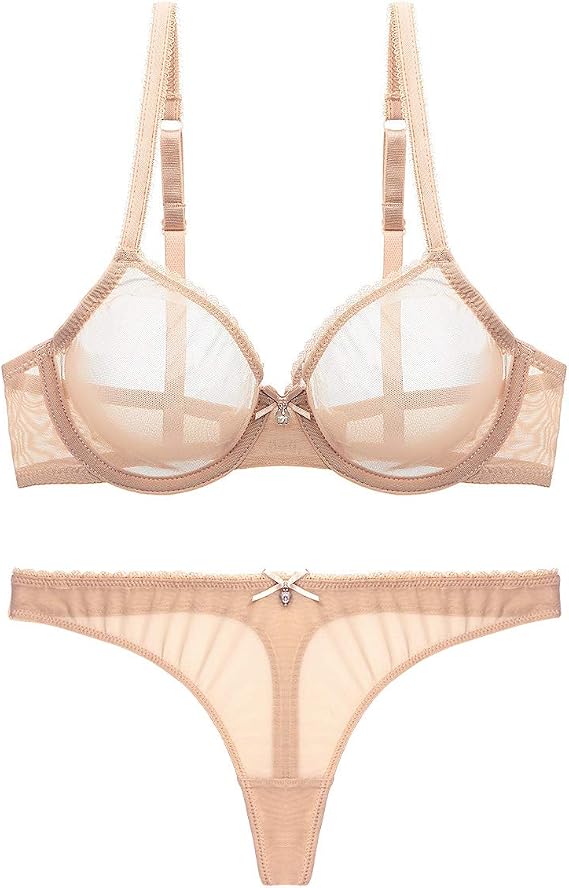 Women's See Through Sheer Mesh Unlined Underwire Everyday Bra and Panties