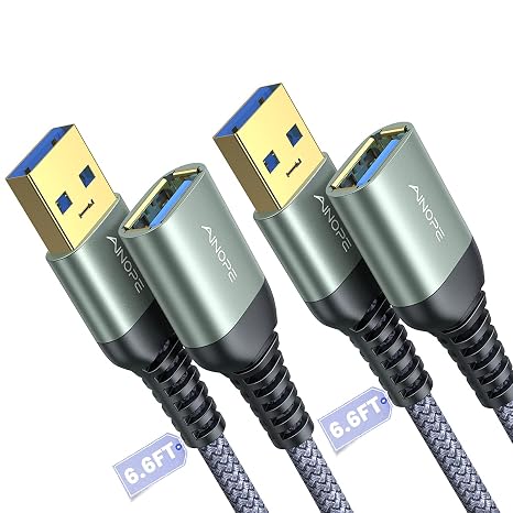 AINOPE USB Extension Cable 2Pack 6.6FT USB 3.0 Extender Male to Female Grey | 5Gbps High Data Transfer Cord for Printer Webcam Flash Drive Hard Drive Hub Keyboard Mouse Camera Playstation Xbox and More