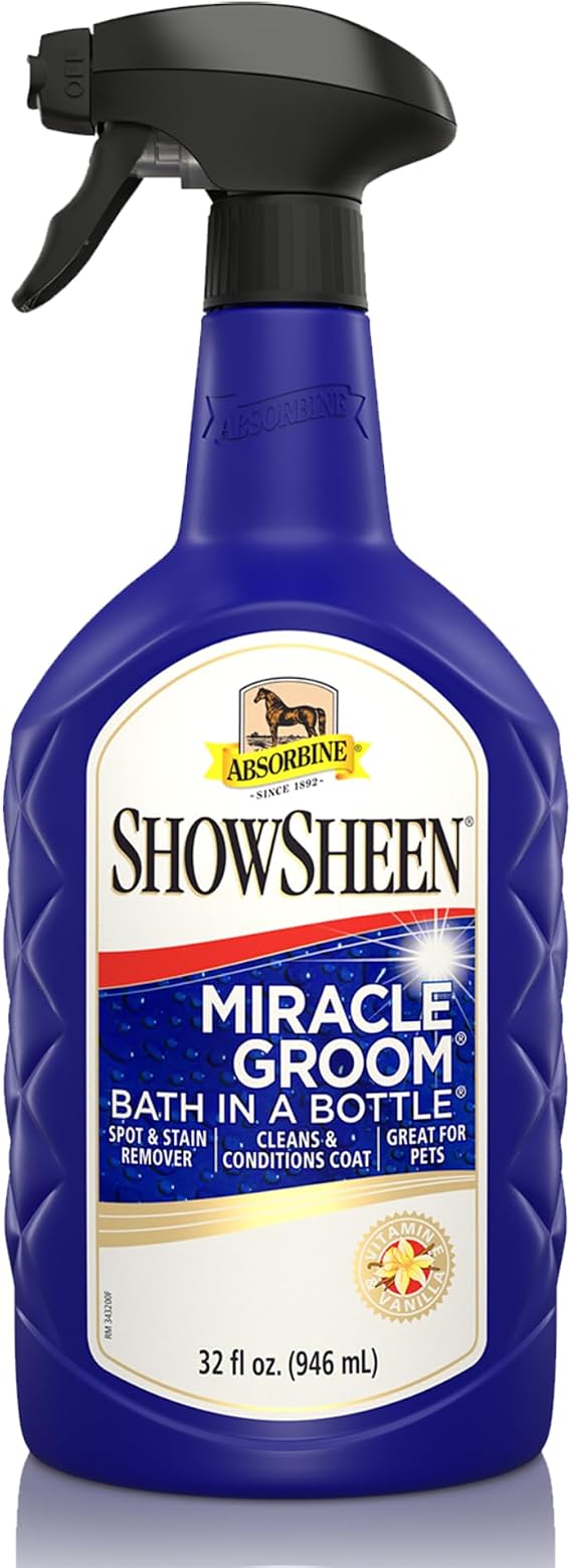 Absorbine ShowSheen Miracle Groom Bath in A Bottle, 32 fl oz Spray | Waterless / No Rinse, Spot & Stain Remover, Cleans & Conditions Coat, Deodorizes, Shines, Vitamin E, Vanilla, Horses & Dogs