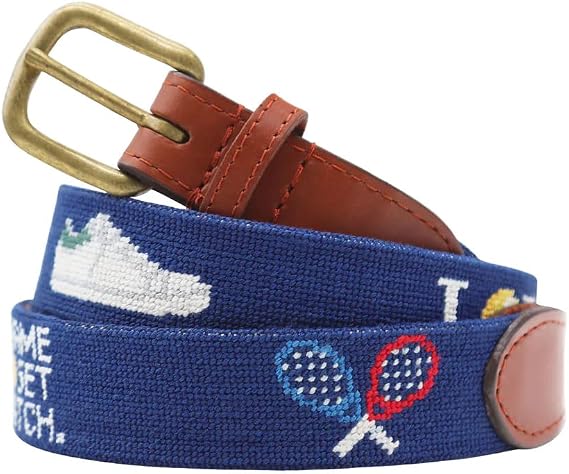Smathers & Branson Mens Tennis Needlepoint Belt |Genuine Leather |Anti-Scratch Brass Buckle - Durable & Stylish -Classic Navy