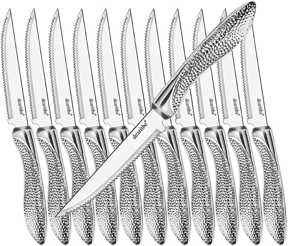 Steak Knives Set of 12 Serrated, 4.5 In | Stainless Steel Sharp Blade Flatware ,Hammered Pattern Hollowed Handle,For Kitchen Restaurant , Dishwasher Safe