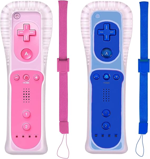 2 Packs Classic Remote Controller Compatible for Wii Wii U Console, Gamepad with Soft Silicone Sleeve and Wrist Strap (Pink and Dark Blue)