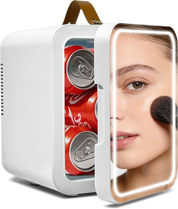 4L Skincare Fridge White, Dimmable LED Mirror Cosmetic Makeup Fridge, AC/DC Portable Cooler Warmer, Quiet Countertop Mini Fridge for Bedroom Bathroom Car Office