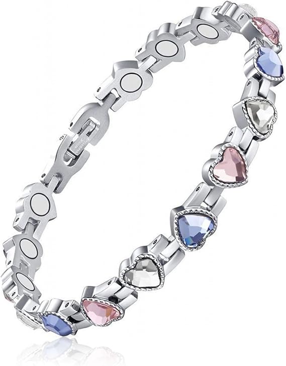 Coloured Crystal Stone Bracelet for Women, Stainless Steel Love Heart Crystal Wirstband Powerful Bangle Tennis Chain Elegant Accessories, Energy Balance Calmi Anxiety Jewellery (21cm)