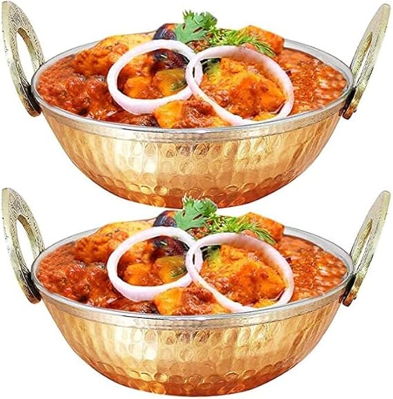 Copper Stainless Steel Antique Design Karahi with Brass Handle for Rice Food Curry Serveware Party Festive Gift Item