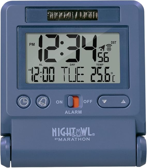 MARATHON Atomic Travel Alarm Clock with Auto Night Light, Blue - 12 or 24-Hour Time, Six Time Zones, Indoor Temperature, Date - One AAA Battery Included