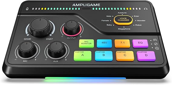 FIFINE RGB Gaming Audio Interface with XLR Preamp, 7.1ch Surround Sound Headphone Amp, EQ Modes, Voice Changer, Game/Chat Balance for Streaming, Living, Voice Chat, Audio Mixer - SC8
