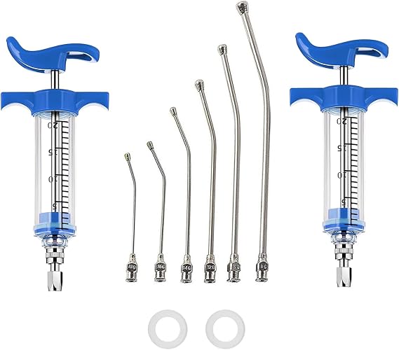 2Pcs Livestock Small Animal Pet Bird Syringe Gun Drench, 6Pcs Curved Gavage Feeding Tubes, Metal Head Prevents Bite Damage (20ML)