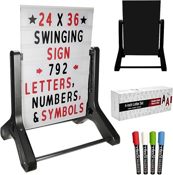 Swinging Changeable Message Sidewalk Sign: 24" x 36" Sign with 792 Pre-Cut Double Sided Letters and Storage Box. Includes Black Board & Letter Board (Black Color Legs)