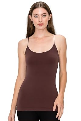 Kurve Womens Camisole Tank Top Built-in Shelf Bra Spaghetti Strap Basic Solid Stretch Long Cami Layering