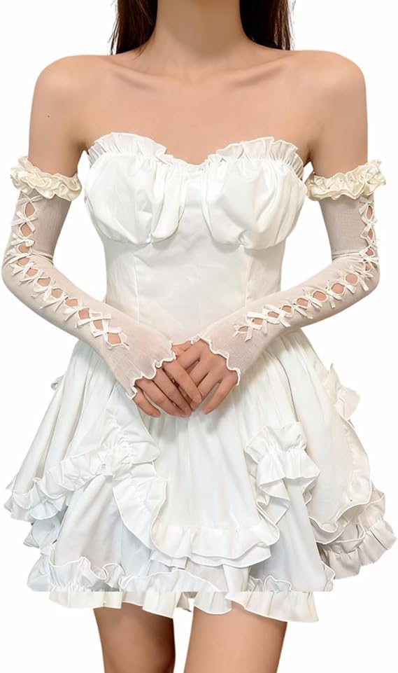 Women Y2K Mesh Lace Fingerless Long Gloves Gothic Lolita Bow Tulle Arm Sleeves Ruffle Wrist Cuff