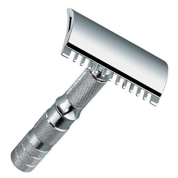 MERKUR 985C Travel Double Edge Safety Razor with Leather Case, Four-Piece Compact Design, Open Comb, Bright Chrome Finish, Made in Germany