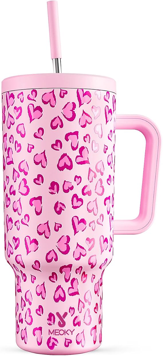 Meoky 40 oz Tumbler with Handle and Straw, Tumbler with Lid and Straw, Insulated Stainless Steel Travel Mug, 100% Leak-proof, Keeps Cold for 34 Hours or Hot for 10 Hours (Love)