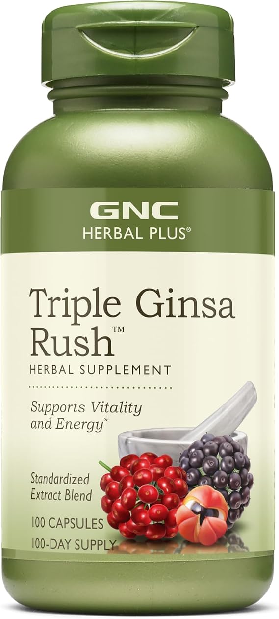 GNC Herbal Plus Triple Ginsa Rush, Vitality, Energy Support, 100 Capsules | Combines Panax Ginseng, American Ginseng, Siberian Root and Guarana Seed Extracts, a Standardized Adaptogenic Blend