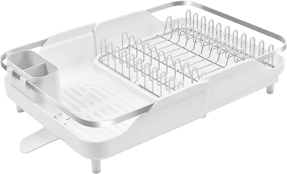 Better Houseware Expandable Dish Drying Rack - Space-Saving Stainless Steel Dish Racks for Kitchen Counter with drainboard and Detachable Cutlery Holder, Large, White