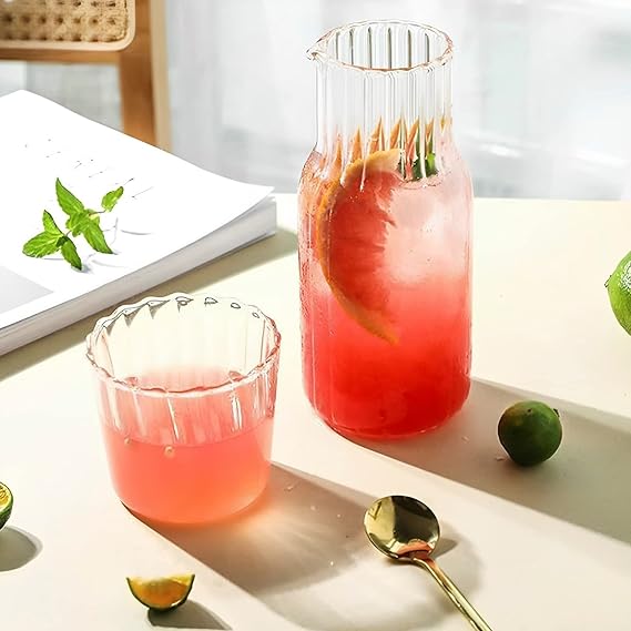 Bedside Water Carafe and Glass Set 500ml V-Shaped Mouth Heat Resistant Nightstand Water Carafe with Tumbler Mouthwash Bottle Glass Water Bottle Clear Pitcher for Ice Tea Beverage for Bedroom Bathroom