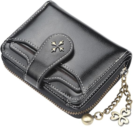 GGOOB Small Wallet for Women Zip Bifold Vintage Wallet Goth Purse Mini Leather Cash Wallets with Zipper Coin Pocket, Black, S