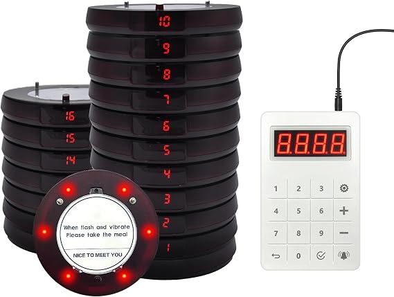 Restaurant Pager System with 16 Coaster Pagers and Keypad Transmitter, Red LED Display