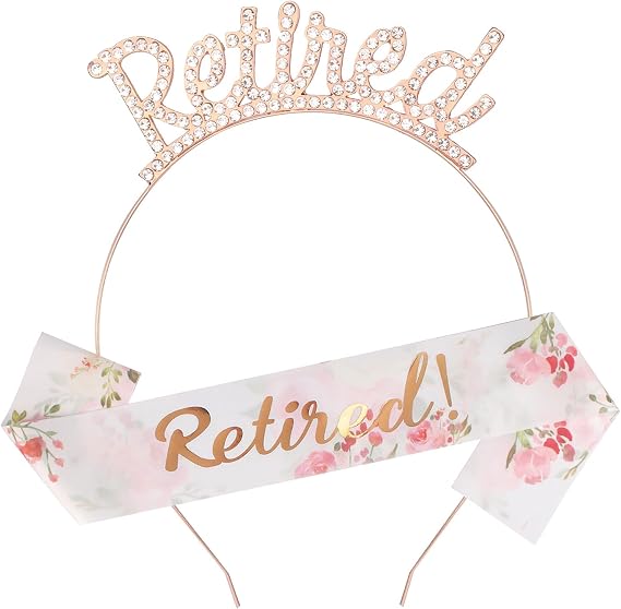 Didder Retirement Decorations Headband and Sash Set - Rose Gold Crown Headband, Retirement Sash for Women, Party Supplies