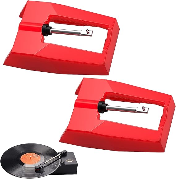 Ruby Stylus 2-Pack Record Player Needle Replacement, Red | Compatible Crosley Ion Jensen Bush Teac turntables. Tool-free snap-in, installs in 1 min. 2 protective cases included.