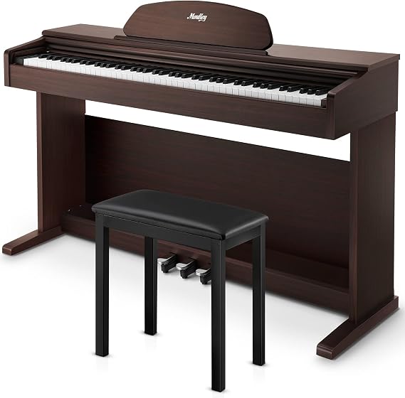Keyboard Piano 88 Key Weighted, Moukey Digital Piano Electric Keyboard with Stand & Bench for Beginner,MDP-550 Brown Piano with Triple Pedal & Sliding Key Cover,Support USB/MIDI