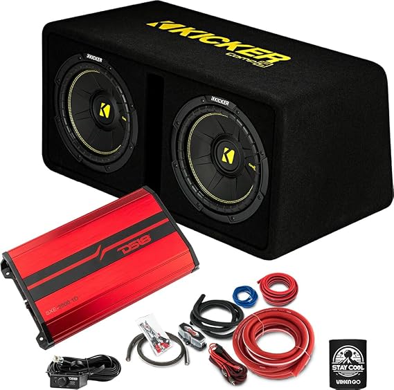 KICKER Subwoofer and Amp Package of 3 Items - 10" CompC Vented 1200 Watt Dual Sub Enclosure, DS18 Class D Monoblock Amplifier (Red), and Complete 4AWG Wiring Kit 50DCWC102+SXE-2500.1D/RD+AMPKIT4