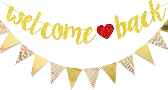 Glitter Welcome Back Garland with Bunting Welcome Home Banner Gold Paper Back Decoration Welcome Home Welcome for School Classroom Family