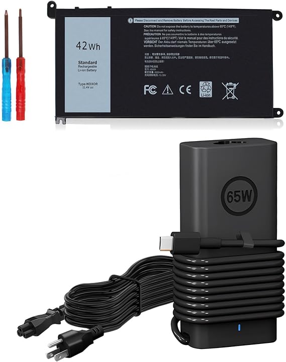 DMKAOLLK WDX0R Battery and 65W USB C Laptop Charger for DELL Inspiron 13 14 15 17 Series Laptop