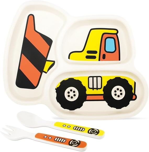 Kids Plate Set, Included Plate Fork and Spoon 3-Piece Set - Toddler Plates Dinnerware Dinner Dish Set Baby Feeding Divided Plate - Child Portion Control Dish Tray (Bulldozer)