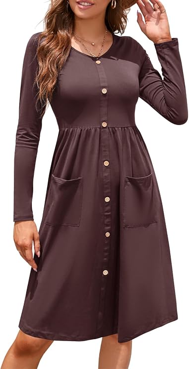 OUGES Women's V Neck Button Down Skater Midi Dress with Pockets