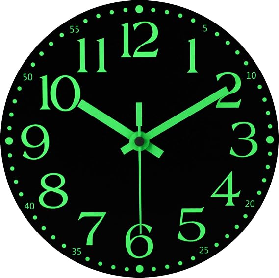 JoFomp Wooden Glow in The Dark Clock, 8 inch Silent Non-Ticking Battery Operated Clock, Energy-Absorbing Luminous Numerals and Hands, Lighted Wall Clock Decoration (Black, 8 INCH)