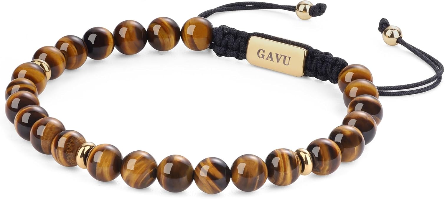 GAVU 6mm AAA Grade Tiger Eye Bracelet for Men, Men's Handmade Adjustable Crystal Beaded Bracelet 6.25"/6.75"/7.5"