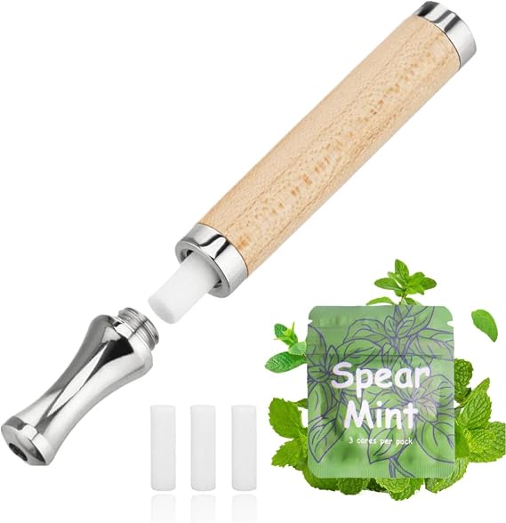 Oral Fixation Aid Inhaler, Vaporless Design with Natural Wood Barrel, 3 Plant-Based Mint Cores & Stainless Steel Mouthpiece | Flavored Air Support for Relax Cessation