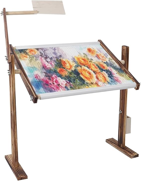 Adjustable Wooden Cross Stitch Frame Stand with Scroll Bar & Side Pocket - Pine Embroidery Desktop Holder for Sewing Craft Tools (120 Characters)