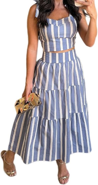 ksotutm Summer Outfits for Women Halter Tops High Waist A Line Maxi Skirt Striped Two Piece Sets for Vacation