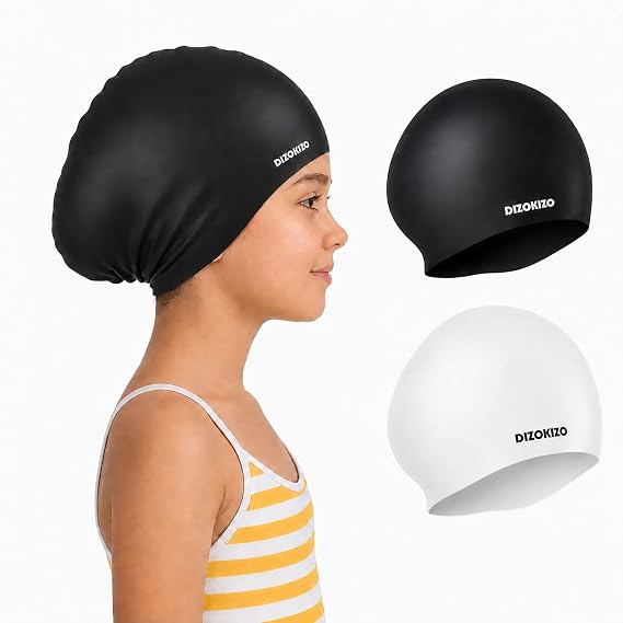2pcs Silicone Swim Cap for Kids 6-14, Non-Slip for Girls & Boys