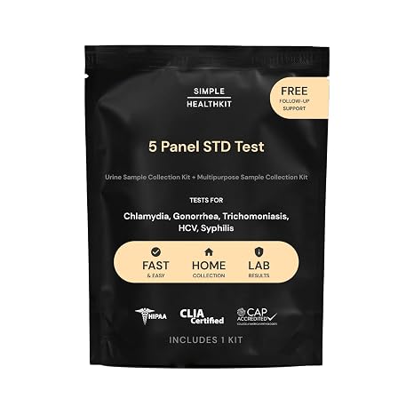 Simple HealthKit At-Home 5-Panel STD Test Kit for Chlamydia, Gonorrhea, Trichomoniasis, HCV & Syphilis - STD HCV Test Kit - Free Follow-Up/Telehealth & High Quality Lab Results