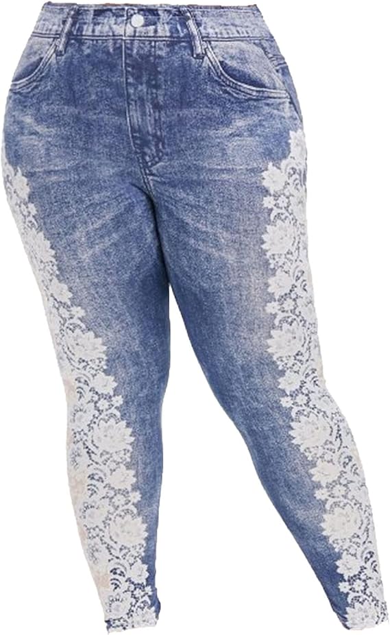 Women Casual Lace Print Faux Denim Trousers Hem Floral Cropped Jeans Skinny Leggings Plus Size Stretch Tights Pant